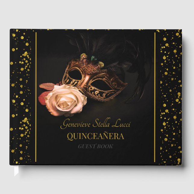 Elegant Masquerade and White Rose  Guest Book