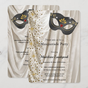 Elegant Masquerade Ball Charcoal Mask Ivory Silk Invitation