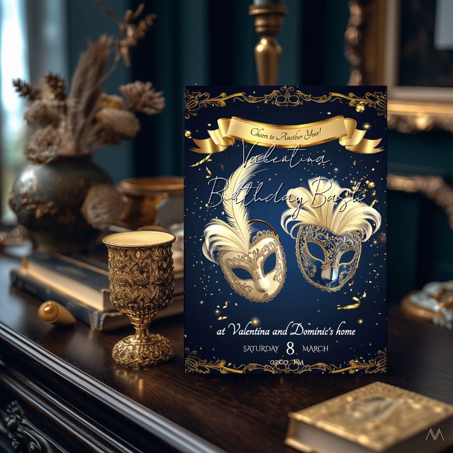 Elegant Masquerade Birthday | Elegant Gold & Navy Invitation (Creator Uploaded)