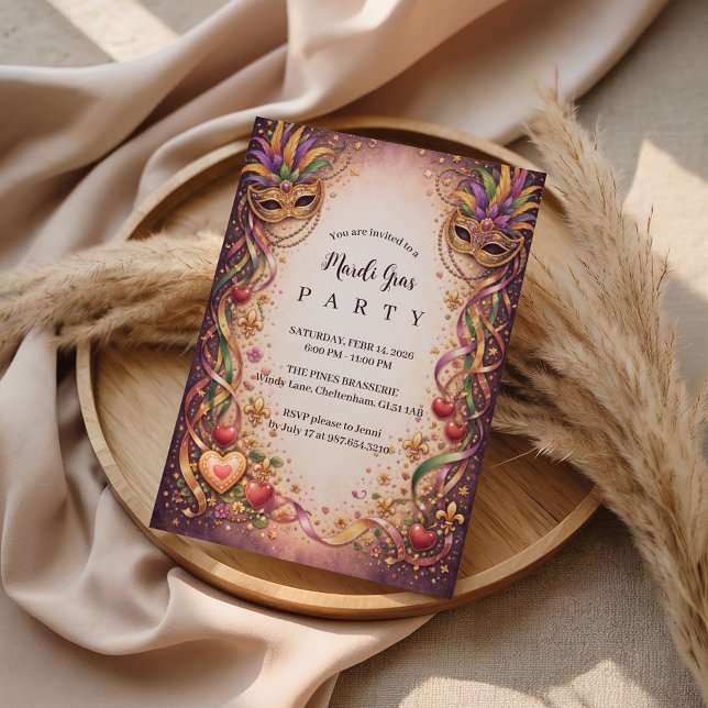 Elegant Masquerade Hearts Mardi Gras Invitation (Creator Uploaded)
