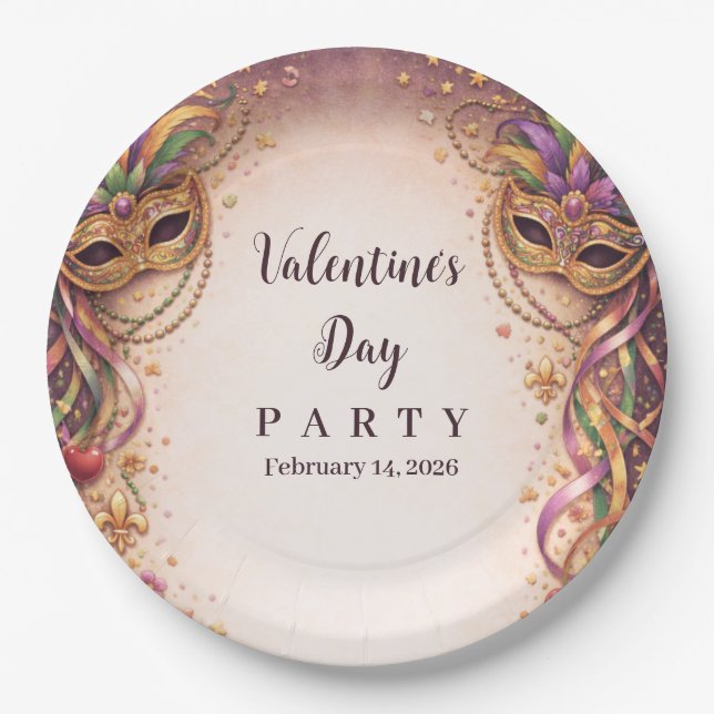 Elegant Masquerade Hearts Mardi Gras Paper Plate (Front)