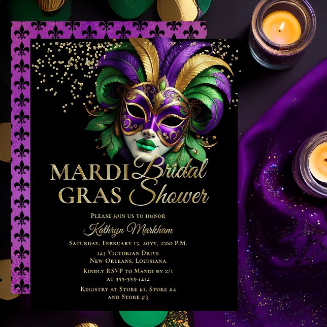 Elegant Masquerade Mask Mardi Gras Bridal Shower (Elegant Purple, Green and Gold Tone Masquerade Mask Mardi Gras Bridal Shower Invitation -- Gold Foil)