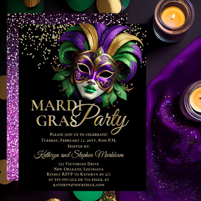 Elegant Masquerade Mask Mardi Gras Party (Elegant Purple, Green and Gold Tone Masquerade Mask Mardi Gras Party Invitation -- Gold Foil Text )