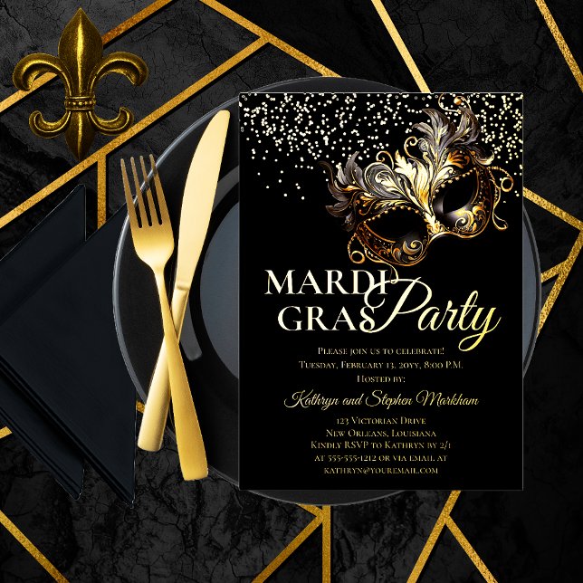 Elegant Masquerade Mask Mardi Gras Party (Elegant Gold Foil Mardi Gras Party Invitation Featuring a Dramatic Masquerade Mask)