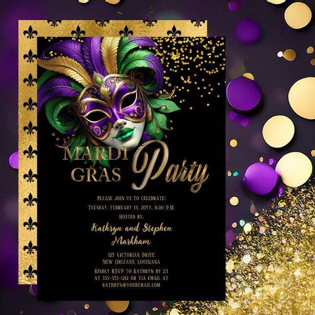 Elegant Masquerade Mask Mardi Gras Party Invitation (Elegant Purple, Green and Gold Tone Masquerade Mask Mardi Gras Party Invitation -- Print | Digital )
