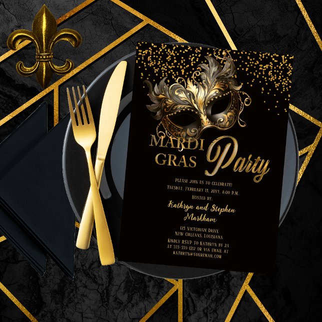 Elegant Masquerade Mask Mardi Gras Party Invitation (Elegant Masquerade Mask Mardi Gras Party Invitation in Black and Gold Tone)