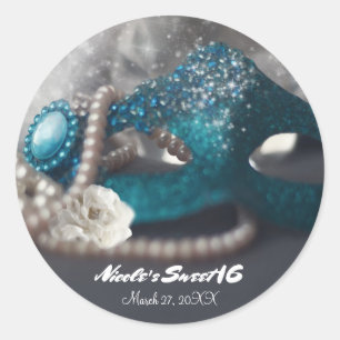 Elegant Masquerade Mask & Pearls Party Favour Classic Round Sticker