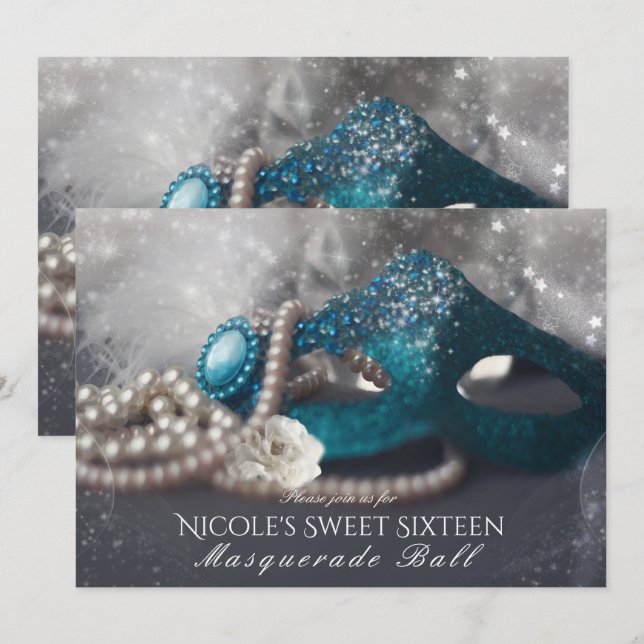 Elegant Masquerade Mask & Pearls Party Invitations (Front/Back)