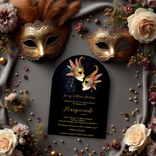 Elegant Masquerade Masks with Gold Effect Accents  Invitation