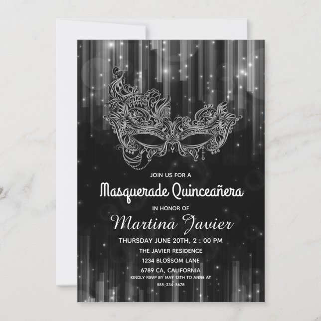 Elegant Masquerade Quinceañera Black 15th Birthday Invitation (Front)