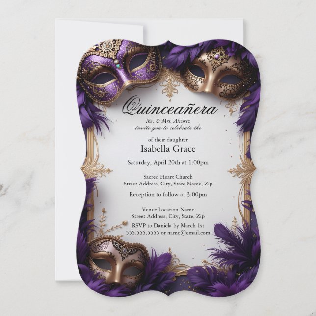 Elegant Masquerade Quinceañera in Purple and Gold (Front)