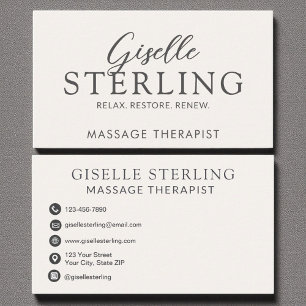 Elegant Massage Therapist Neutral Beige Script Business Card