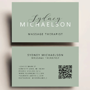Elegant Massage Therapist QR Code Sage Green Business Card