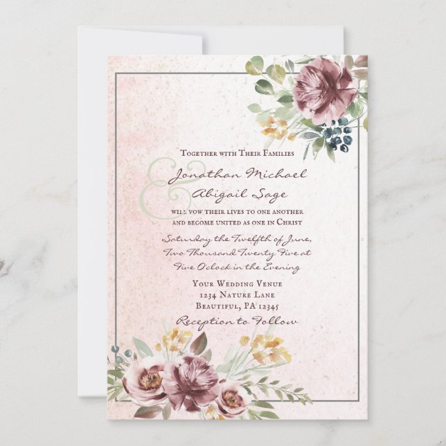 Elegant Mauve Blush Pink Floral Christian Wedding Invitation (Front)