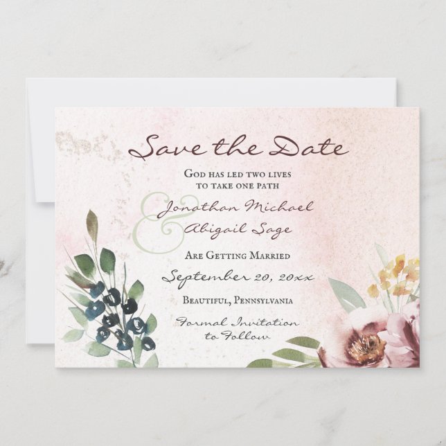 Elegant Mauve Blush Pink Floral Christian Wedding Save The Date (Front)