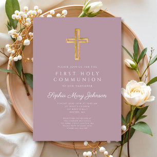 Elegant Mauve Cross Religious Girl First Communion Invitation