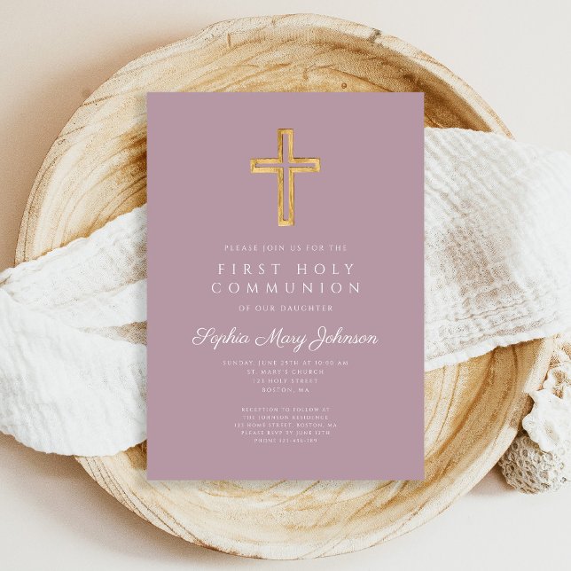 Elegant Mauve Cross Religious Girl First Communion Invitation (Elegant Mauve Cross Religious Girl First Communion Invitation)
