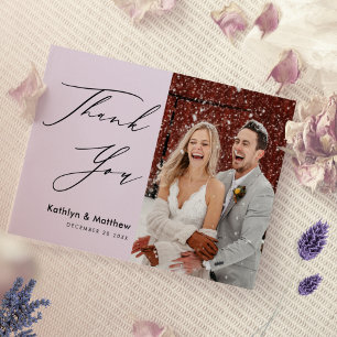 Elegant Mauve Elegant Script Modern Photo Wedding Thank You Card