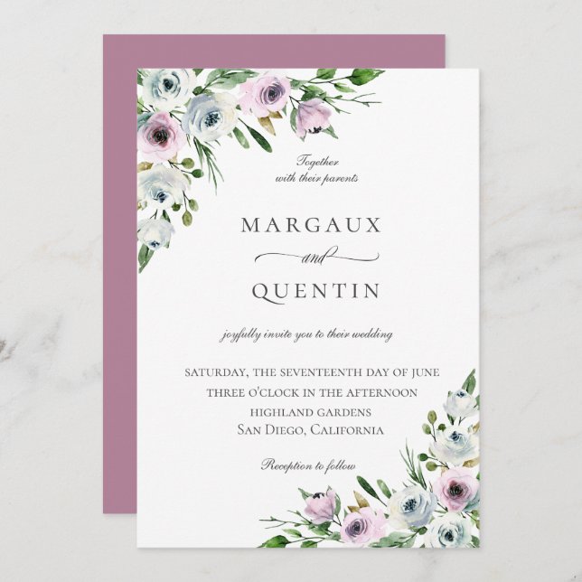 Elegant Mauve Floral Wedding Invitation (Front/Back)