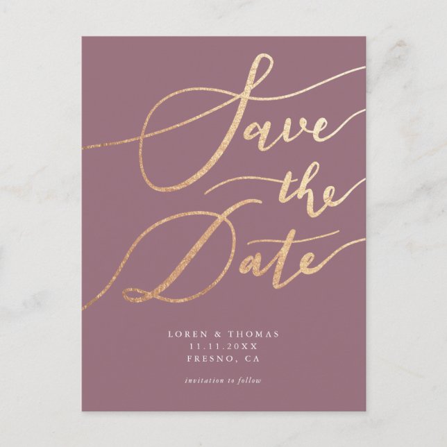 Elegant Mauve Gold Script Save the Date Announcement Postcard (Front)