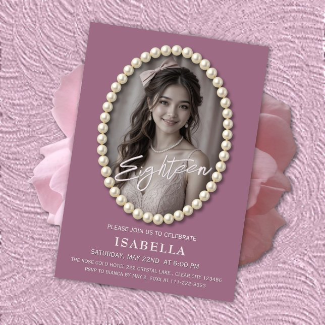 Elegant Mauve Pearl 18th Birthday Photo Invitation (Creator Uploaded)