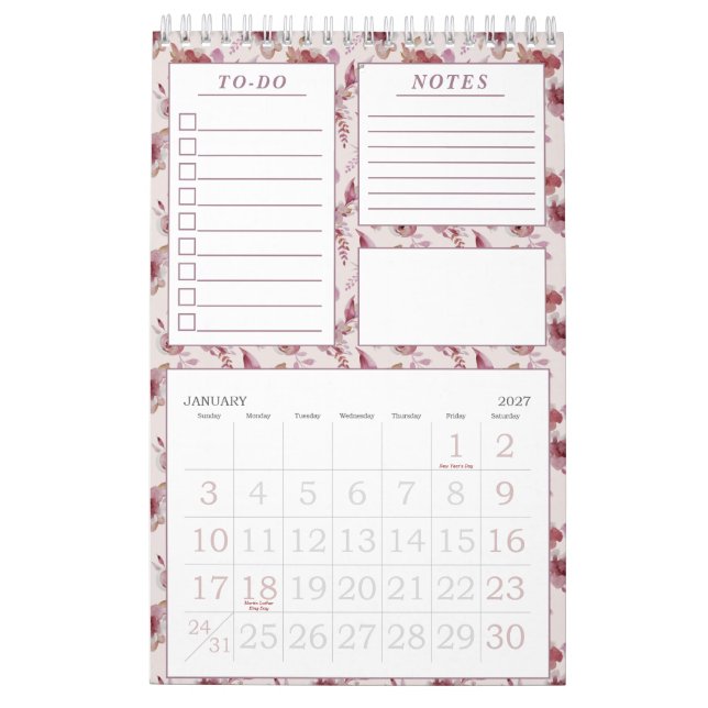 Elegant Mauve Pink Floral Pattern Monthly Planner Calendar (Jan 2027)