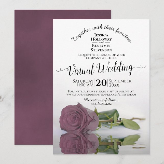 Elegant Mauve Pink Reflecting Rose Virtual Wedding Invitation (Front/Back)