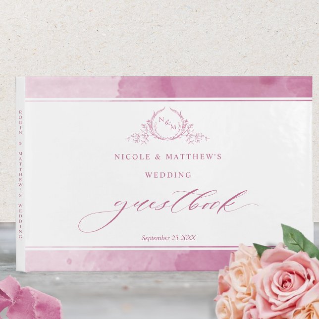 Elegant Mauve Pink Watercolor Monogram Wedding Guest Book (Creator Uploaded)