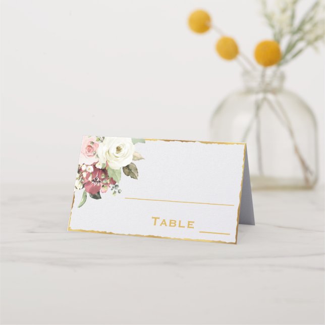 Elegant Mauve Pink White Florals | Luxe Gold Edge Place Card (Front)