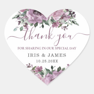 Elegant Mauve Plum Purple Floral Wedding Heart Sticker