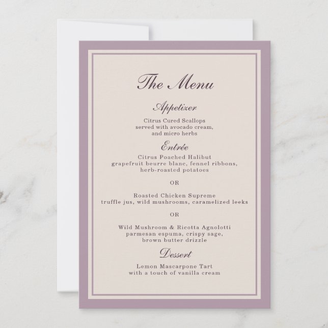 Elegant Mauve Plum Wedding Menu Card (Front)