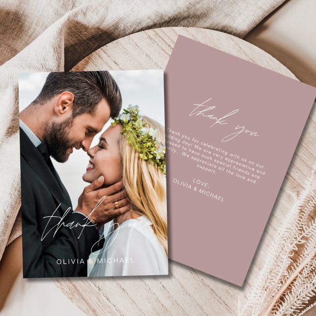 Elegant Mauve Script Photo Wedding Thank You Card (Creator Uploaded)