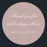 Elegant Mauve Script Wedding Custom Thank You Classic Round Sticker<br><div class="desc">Stylish Formal Classic Traditional Script Elegant Wedding Invitation Custom Thank You Classic Round Sticker in Dusty Mauve</div>