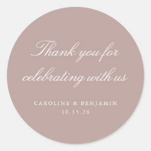 Elegant Mauve Script Wedding Custom Thank You Classic Round Sticker