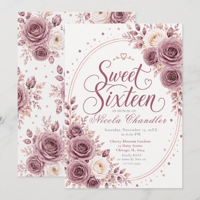Elegant Mauve Sweet 16 Invitation (Front/Back)
