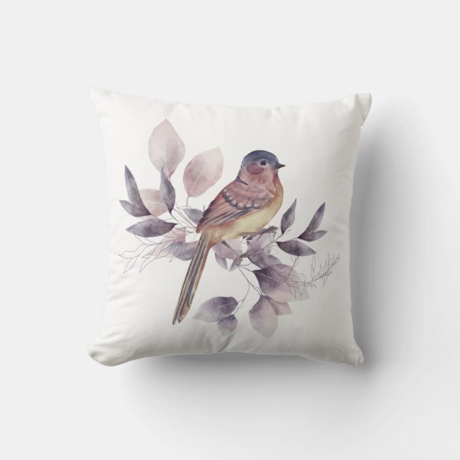 Elegant Mauve Watercolor Bird Throw Pillow (Front)