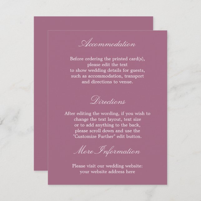 Elegant Mauve Wedding Details Card (Front/Back)