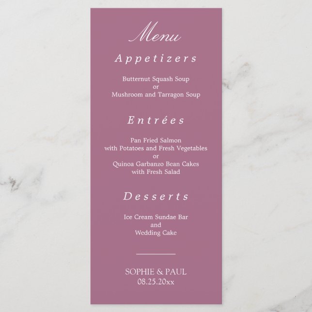 Elegant Mauve Wedding Menu (Front)
