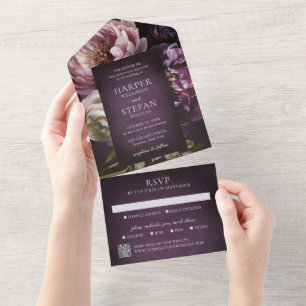 Elegant Maximalist Purple Floral QR Code Wedding All In One Invitation