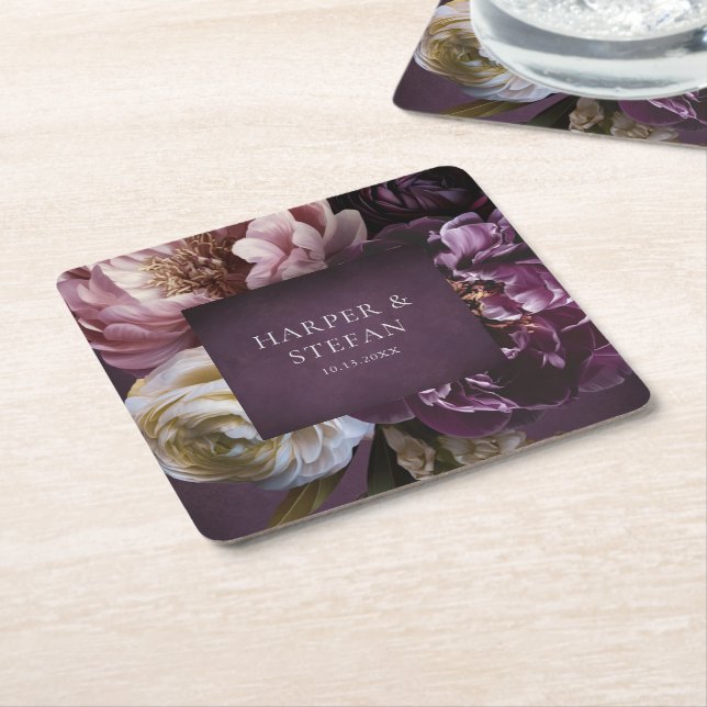 Elegant Maximalist Purple Floral Wedding Square Paper Coaster (Angled)