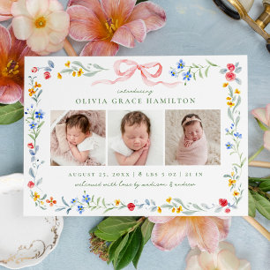 Elegant Meadow Blooms Pink Bow 3 Photo Birth Announcement