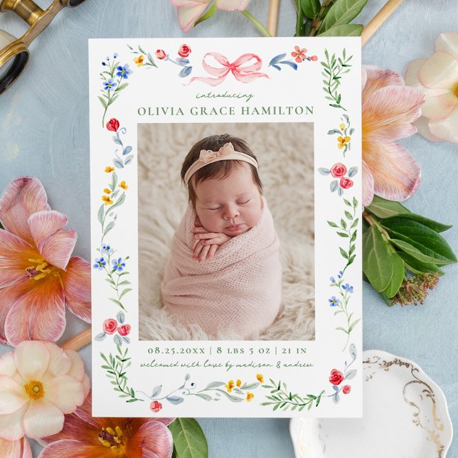 Elegant Meadow Blooms Pink Bow Photo Birth Announcement (Creator Uploaded)