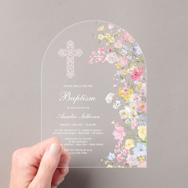 Elegant Meadow Flowers Arch Baptism Acrylic Invitations (Insitu (Handheld))