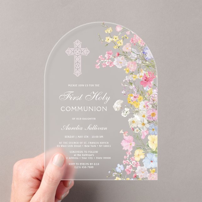 Elegant Meadow Flowers Arch First Communion Acrylic Invitations (Insitu (Handheld))