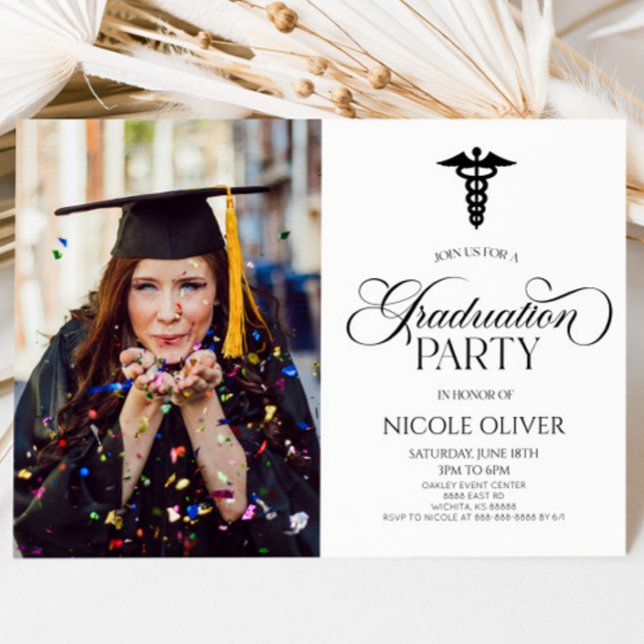 Elegant Medical Caduceus Custom Picture Graduation Invitation (Creator Uploaded)