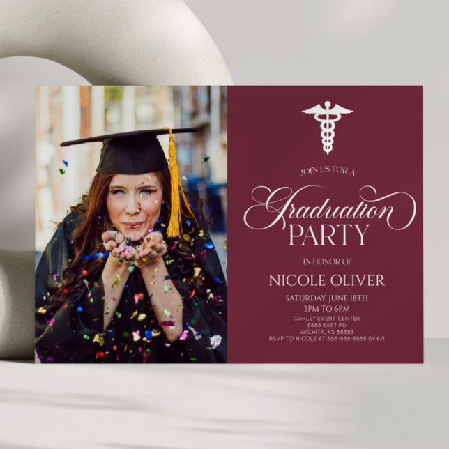 Elegant Medical Caduceus Custom Picture Graduation Invitation (Creator Uploaded)