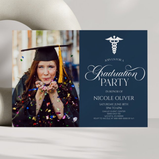 Elegant Medical Caduceus Custom Picture Graduation Invitation (Creator Uploaded)