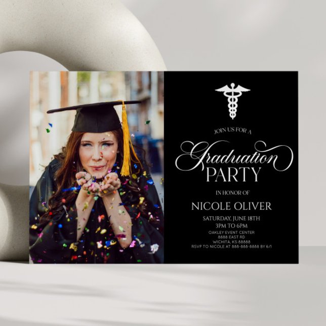 Elegant Medical Caduceus Custom Picture Graduation Invitation (Creator Uploaded)