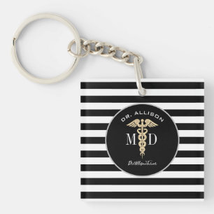Elegant Medical Doctor Caduceus Black Personalised Key Ring