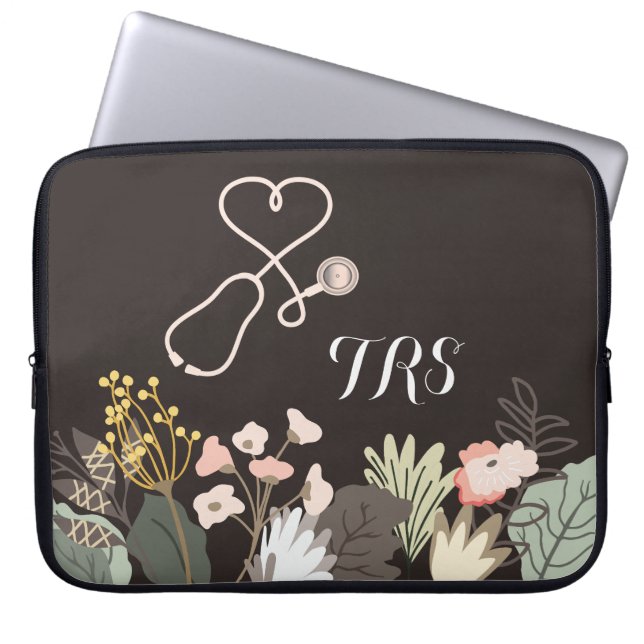 Elegant Medical Doctor or Nurse Floral Monogram Laptop Sleeve (Front)